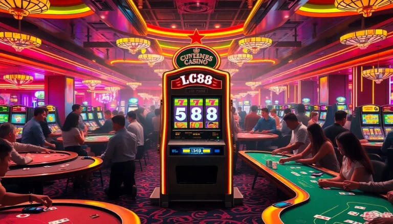 LC88 slot machine surrounded by enthusiastic players enjoying poker, embodying the thrill of casino gaming.
