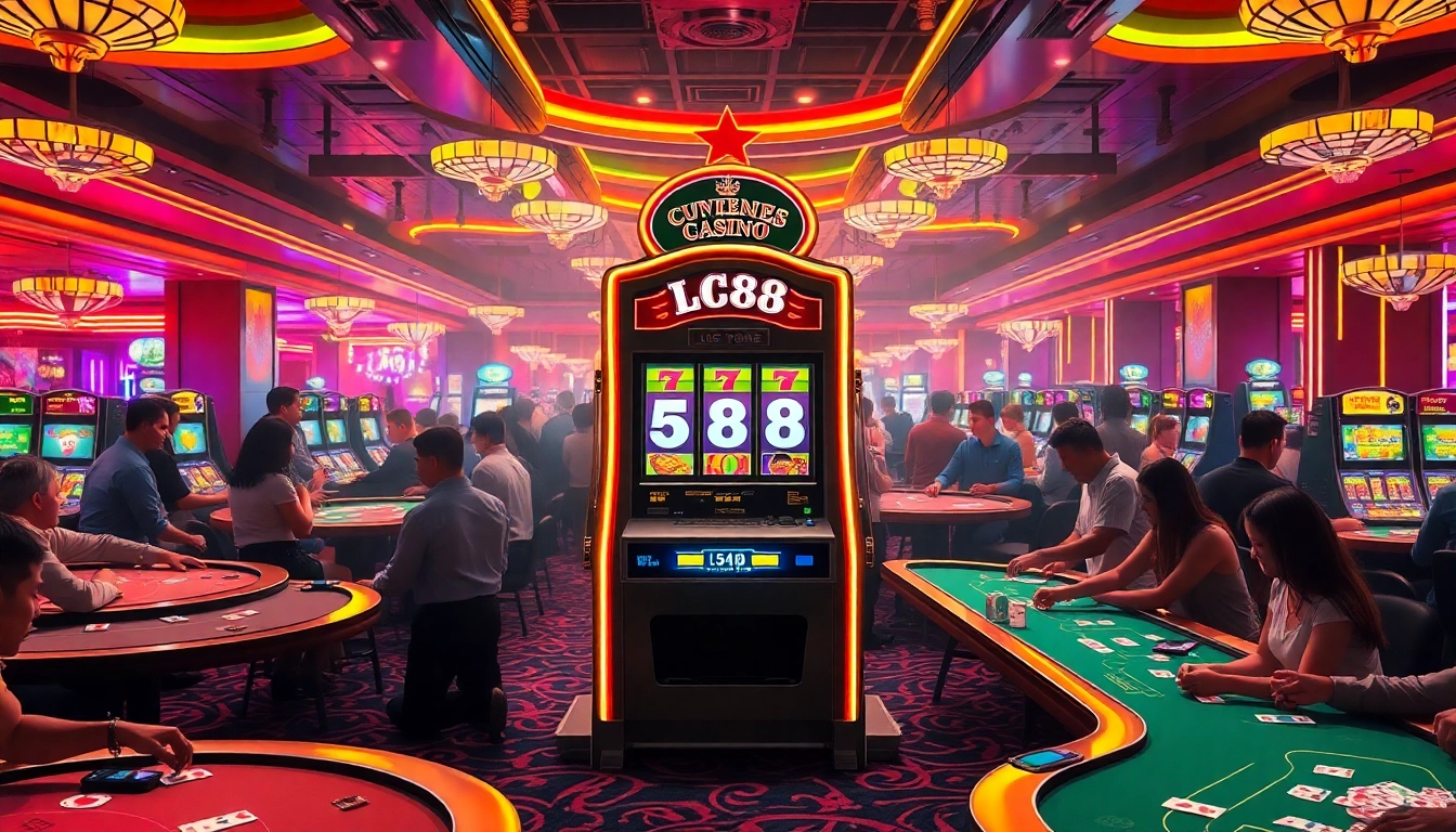 LC88 slot machine surrounded by enthusiastic players enjoying poker, embodying the thrill of casino gaming.