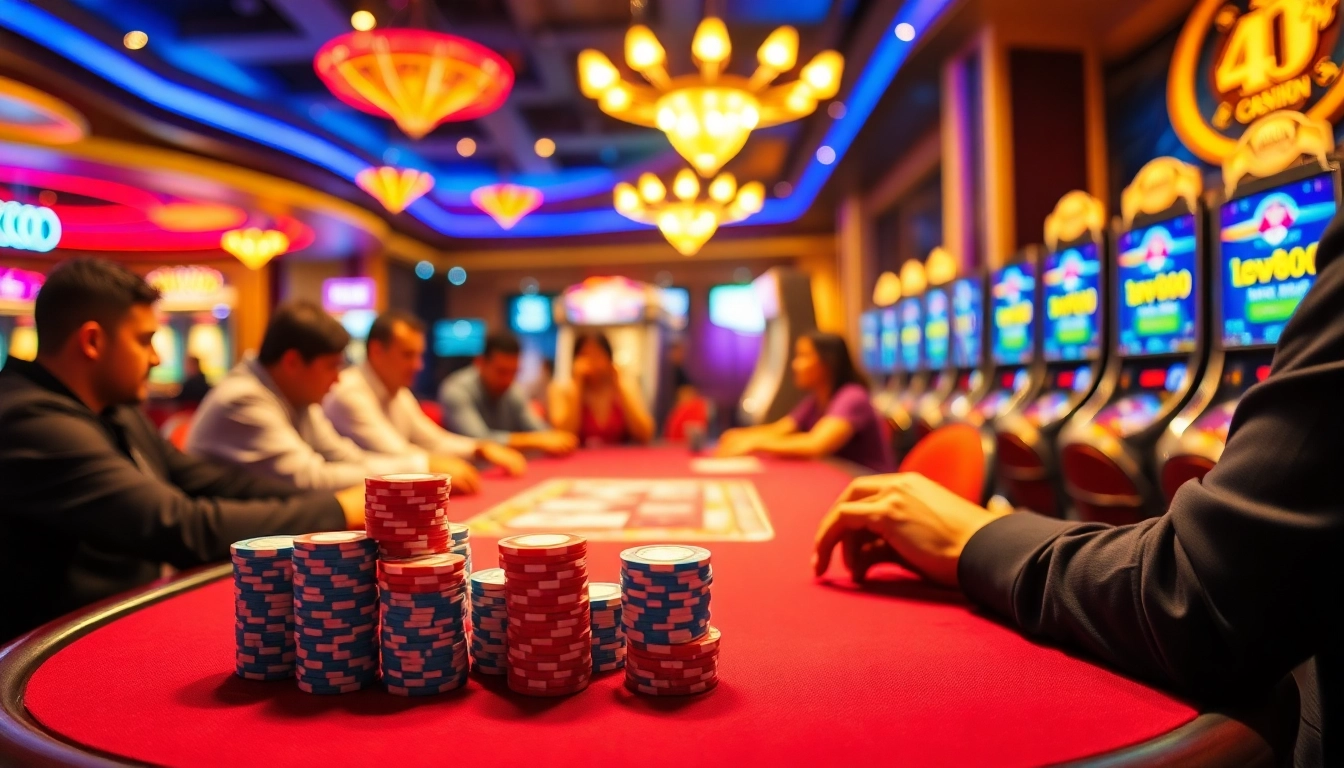 Experience the thrill of đăng nhập new88 at a casino, where players revel at poker tables adorned with chips and cards.