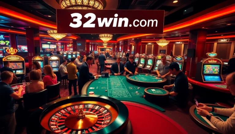 A vibrant casino scene at 32win.com, featuring players betting on roulette and blackjack tables with lively slot machines.