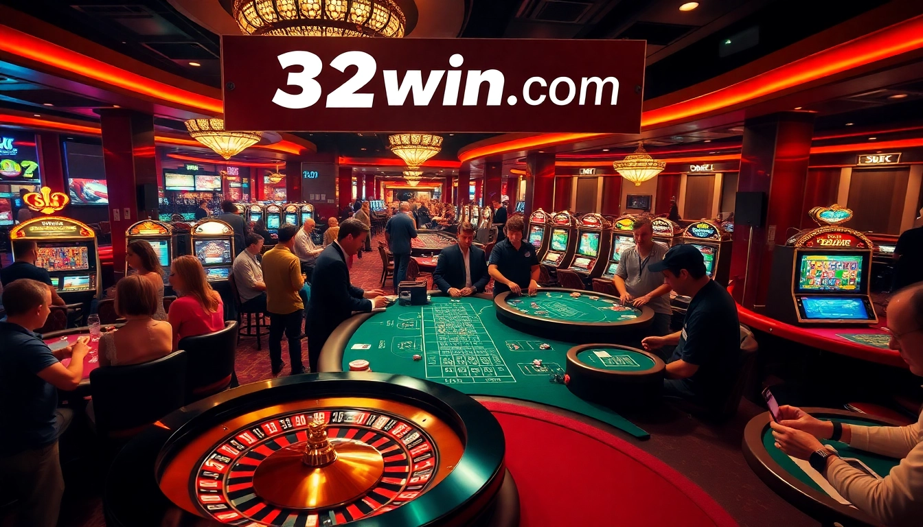 A vibrant casino scene at 32win.com, featuring players betting on roulette and blackjack tables with lively slot machines.